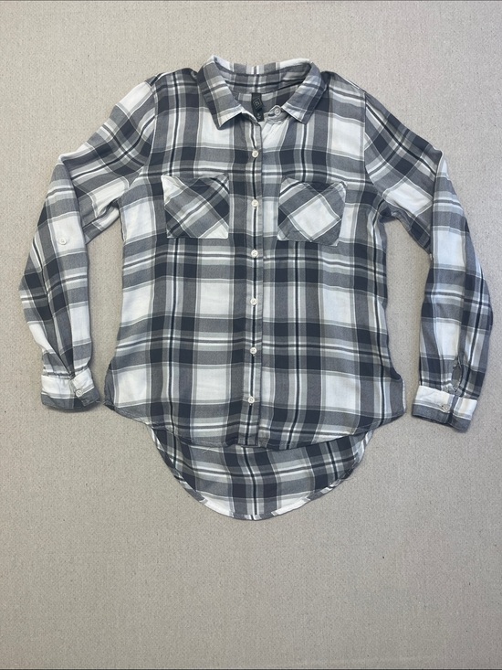 ALYA Tops - ALYA Womens Small Plaid Button Down Shirt Gray White Rayon Roll Tab Sleeve